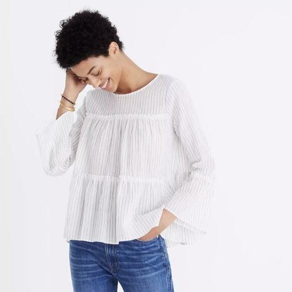Madewell Tiered Top in Haysboro Stripe White Blue Cotton Size Small - Picture 2 of 8